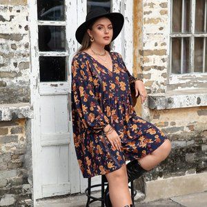 Plus Size Floral V-Neck Balloon Sleeve Dress